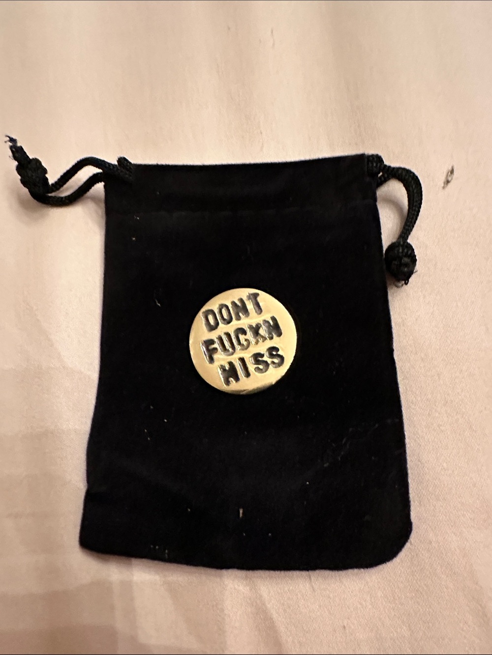 Black Velvet Drawstring Pouch with Gold Tone Message Pin